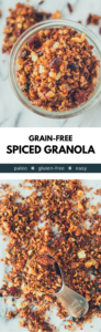 Super easy grain-free spiced granola, perfect for fall/autumn weather! Paleo, gluten-free, dairy-free, and low-carb options.