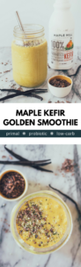 A creamy maple kefir golden turmeric smoothie. Full of healthy fats, paleo, primal, gluten-free, healthy smoothie.