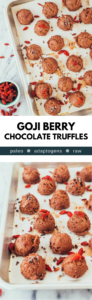 Raw goji berry chocolate truffles. Full of healthy fats and adaptogenic herbs. A great low-carb, paleo, primal, gluten-free, healthy treat or snack!